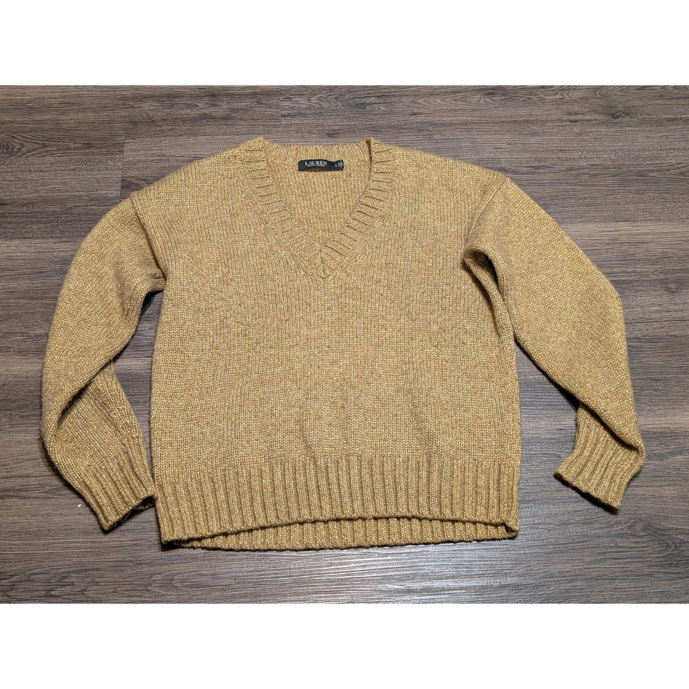 Lauren Ralph Lauren Womens Gold Metallic V Neck Long Sleeve Knit Sweater Size L‎